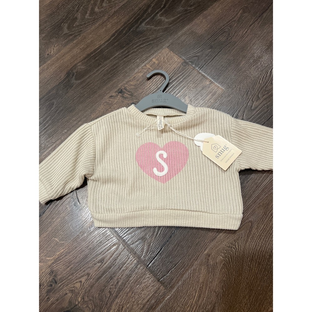 Snug Baby Girls Initial S‎ Heart Ribbed Knit Sweater Cream Pink 3-6M NWT